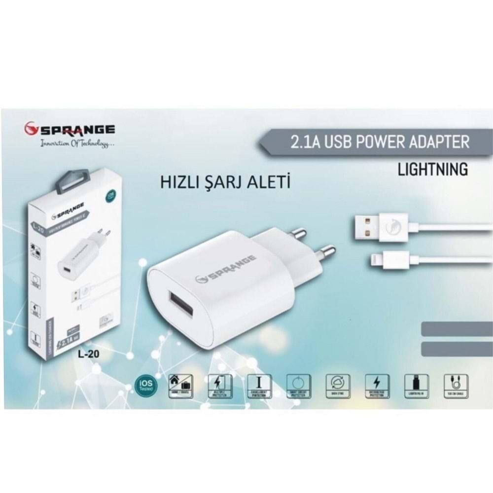 Sprange L-20 Lightning Şarj Cihazı + Kablo (Beyaz Renk)