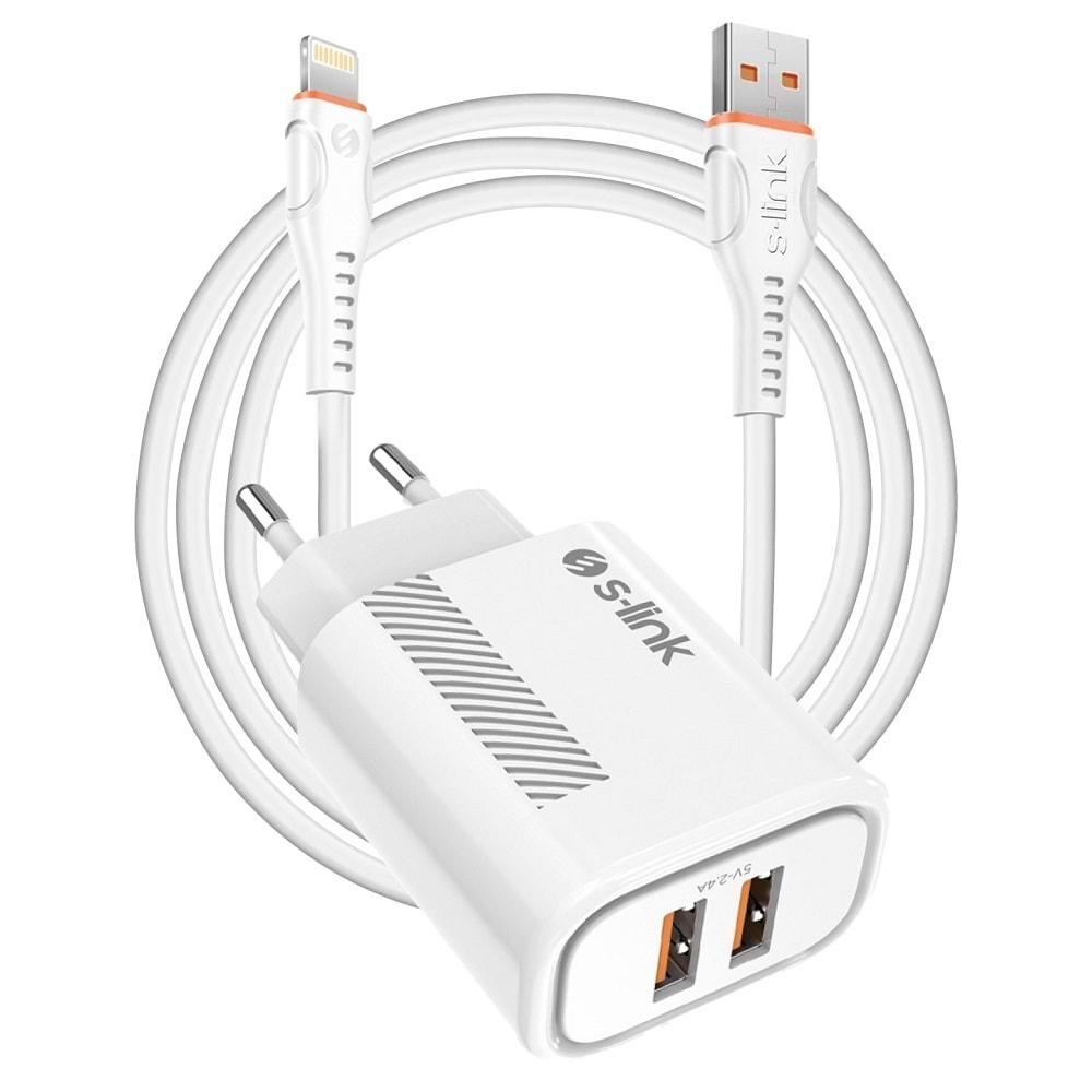 S-link SL-EC50 (SL-EC50L) Lightning Kablolu 5V 2400MA 2 USB Çıkışlı Beyaz Ev Şarj Adaptörü