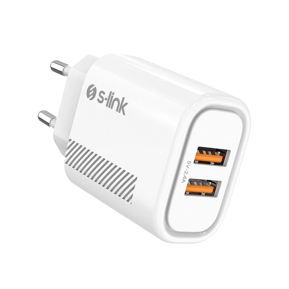 S-link SL-EC50 (SL-EC50T) 5V 2400MA Type-C Kablolu 2 USB Çıkışlı BeyazEv Şarj Adaptörü