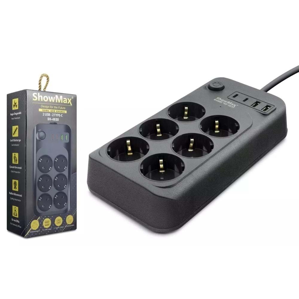 Showmax Sh4630 Termal Akım Korumalı Uzatma Kablosu 6*Priz + 2*Usb + 2*Type-C + Anahtar 2M Siyah
