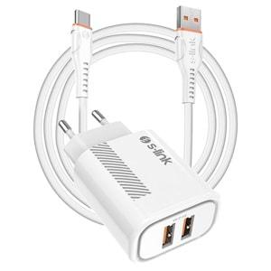 S-link SL-EC50 (SL-EC50T) 5V 2400MA Type-C Kablolu 2 USB Çıkışlı BeyazEv Şarj Adaptörü