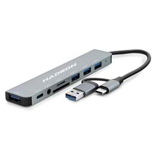 Hadron HDX7828 USB Type-C 3.0 Combo Hub AUX Kart Okuyucu 8 Port 5 Gbps Gri