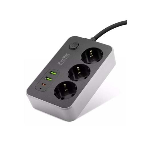 Showmax Sh4626 Termal Akım Korumalı Uzatma Kablosu 3*Priz + 2*Usb + Type-C + Anahtar 2M Siyah