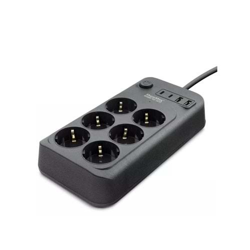 Showmax Sh4630 Termal Akım Korumalı Uzatma Kablosu 6*Priz + 2*Usb + 2*Type-C + Anahtar 2M Siyah