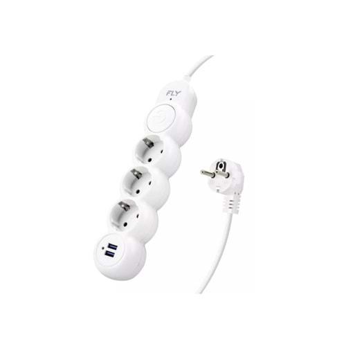 Fly 3393-01 Termal Akım Korumalı Uzatma Kablosu 3 Priz + 2x USB 2.1A Anahtarlı 2 m - Beyaz