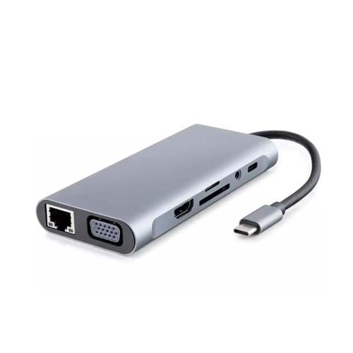 Hadron HDX7830 Type-C Combo Hub HDMI 4K USB 3.0 VGA LAN Audio Kart Okuyucu 11 Port - Gri