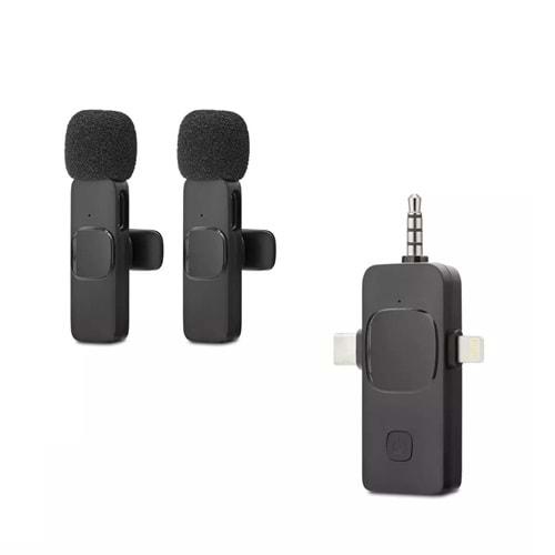 Hadron HDX2782 Type-C + Lightning + 3.5 mm Kablosuz 2’li Mikrofon Seti - Siyah